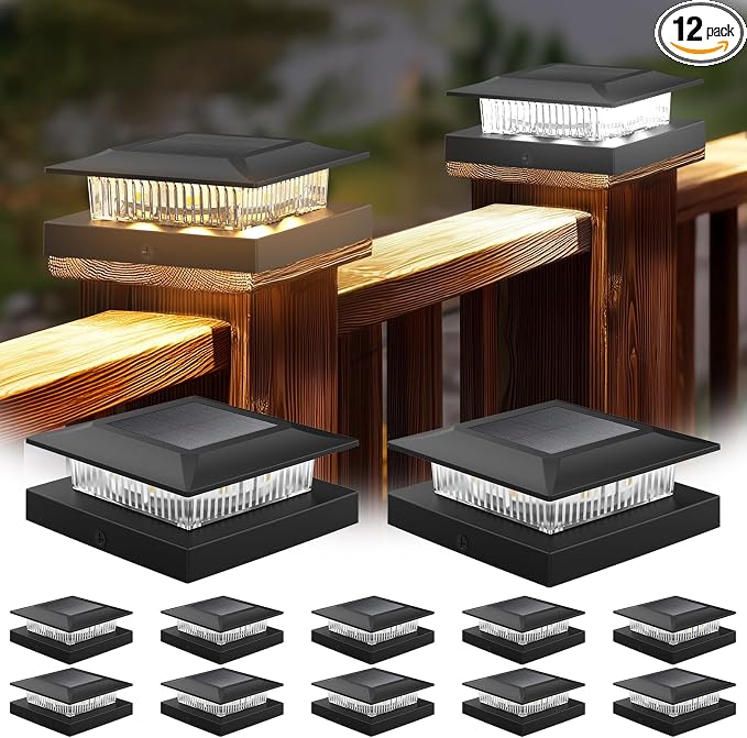 12 Pack Solar Post Cap Lights 4x4, Dual-Color Waterproof Fence Post Solar Lights, Fits 4x4 Vinyl or 3.5x3.5 Wood Posts, Dusk to Dawn Outdoor Lighting for Deck, Garden & Porch Decor, Black