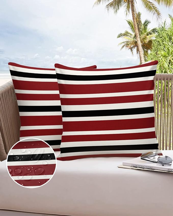 Outdoor Waterproof Pillow Covers for Patio Furniture Red Black and White Stripes Decorative Throw Pillow Cover Farmhouse Stripe Pillowcases Set of 2 Cushion Case for Sofa Couch Chair 24x24 in