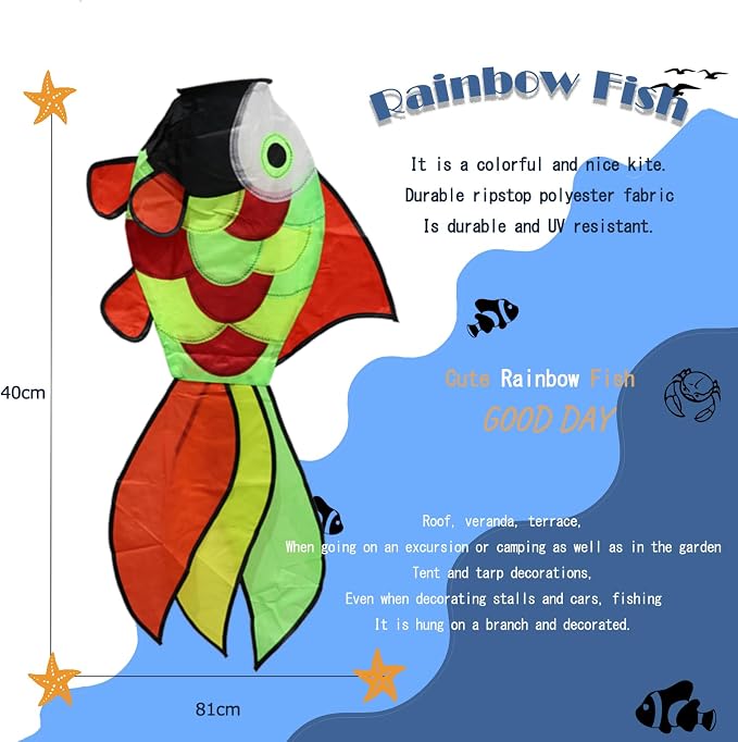 9KM DWLIFE Rainbow Fishing Windsock, 32in Outdoor Wind Spinner for Garden | Colorful Fish-Shaped Wind Sock with Ripstop Polyester, Swivel Snap for Yard, Patio, Garden Decor and Wind Direction Viewing