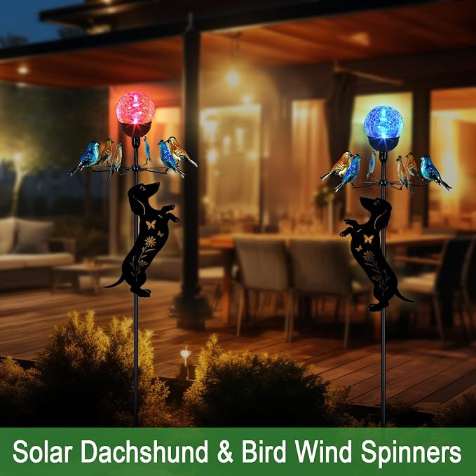 Solar Lights Yard Stakes-Bird Wind Spinners,Dachshund Garden Decor | Color Changing LED for Patio,Pathway,Lawn,Walkway,Outdoor Decorative