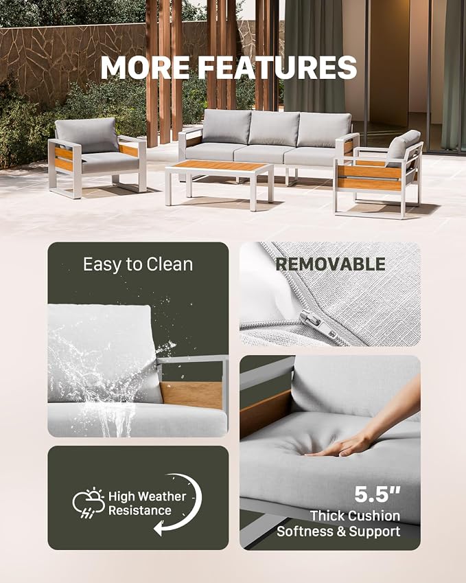 ZANDOR Aluminum Outdoor Patio Furniture Set with Coffee Table, 2 Seats Patio Conversation Sets with Washable Thick Cushions, Outdoor Sectional for Porch, Backyard, Deck, Garden & Poolside, Silver