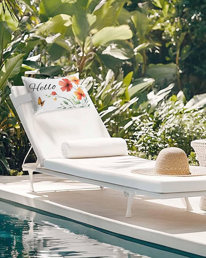 Pack of 2 Outdoor Lumbar Cushions with Inserts, Hello Elegant Butterfly Flowers Plants Waterproof Fluffy Fade Body Pillows, Patio Furniture Pillow for Home Balcony Garden Decor 12x20IN