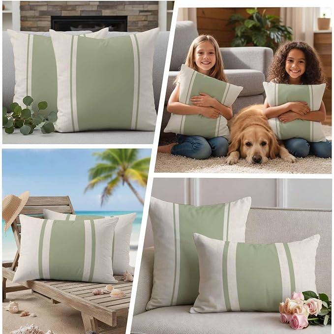Abstract Gray Green Color Block Outdoor Pillow Covers Set of 2 Vintage Lines Linen Texture Waterproof Throw Pillow Cover Decorative Cushion Cases for Patio Porch Garden 20X12 Inch