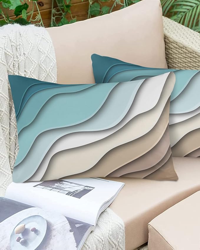 Ombre Abstract Geometry Gradient Teal to Brown Outdoor Waterproof Throw Pillow Covers 20 x 12 Inch Set of 2, Pillowcases Decorative Square Cushion Cases for Patio Furniture Couch Porch Garden