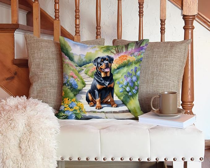 Caroline's Treasures Rottweiler Spring Path Throw Pillow Machine Washable, Indoor Outdoor Decorative Pillow for Couch, Bed or Patio, 14Hx14W