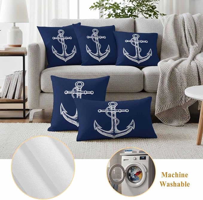 Nautical Outdoor Waterproof Throw Pillow Covers Set of 2, 26"x26", Anchor Rope Coastal Navy Blue Minimalist Decorative Pillow Covers Outside Cushion Case for Patio Porch Garden