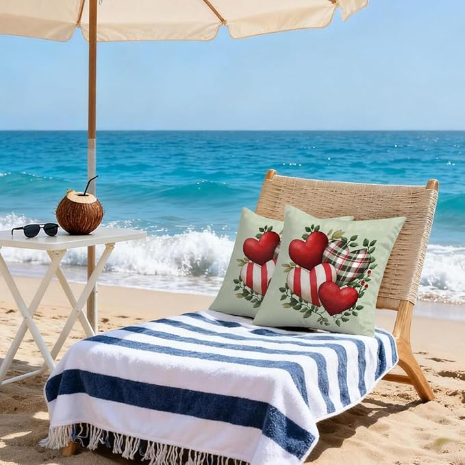 18x18 Inch Outdoor Pillow Covers Set of 2 Waterproof Throw Pillow Covers Decorative Couch Cushion Covers Hearts Striped Plaid Square Pillowcases Protectors for Patio Garden Sofa