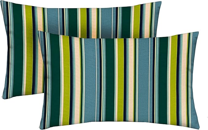 Lumbar Jumbo Throw Pillows Set of 2 |26"x16"| All-Weather Spun Fabric | Water&Fade-Resistant | Outdoor Support Pillows for Patio Furniture | Covert Capri Blue Stripe-Made in USA
