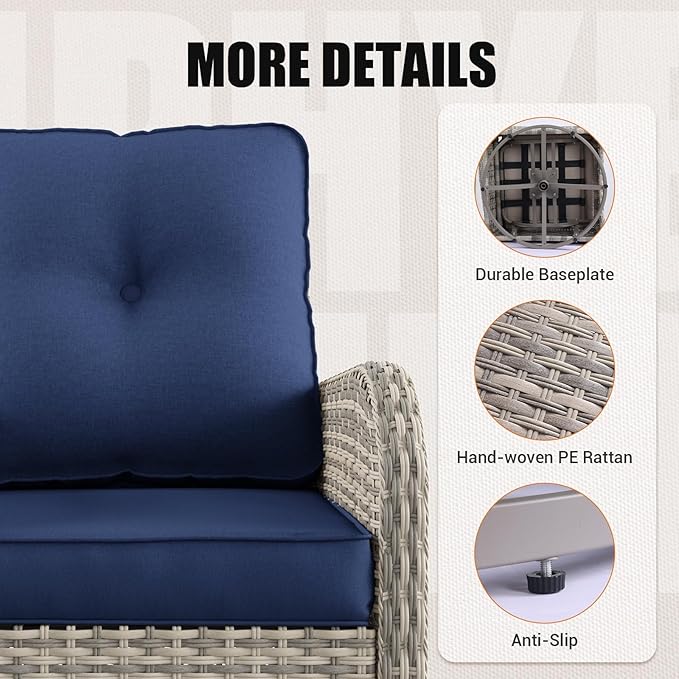 9-Piece Outdoor Patio Furniture Set with Rocking Swivel Chair Wicker Sectional Sofa Set, Patio Conversation Set with Thickened Cushions & Coffee Table for Garden, Backyard, Navy Blue