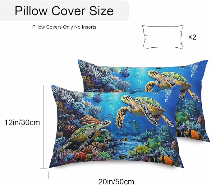 Blue Sea Turtle Ocean Waterproof Outdoor Pillow Covers Set of 2 Home Decor, Colorful Coral Sea Underwater Pillowcase Patio Pillow Covers for Couch Bench Furniture Garden 20x12in