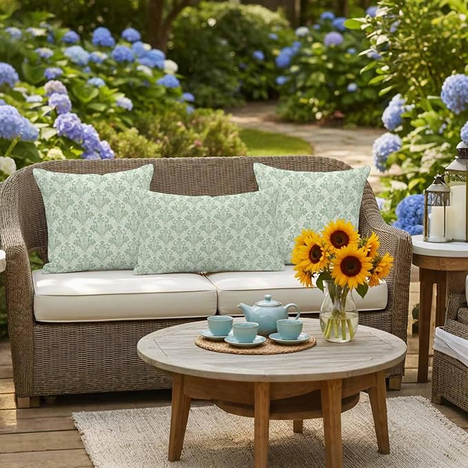 Green Scroll Floral Waterproof Outdoor Pillow Covers Set of 2 Home Decor, Baroque Damask Medallion Pattern Pillowcase Patio Pillow Covers for Couch Bench Furniture Garden 16x16in