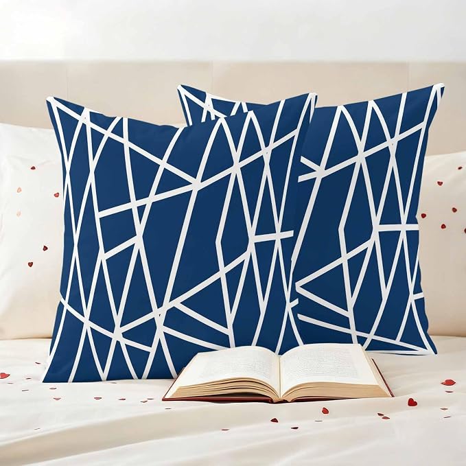 Outdoor Pillow Covers Waterproof, Nave Blue Geometric Decorative Square Throw Pillowcases Patio Cushion Covers for Tent/Garden, 16" x 16" 2 Pack, Abstract Stripes Modern Minimalist