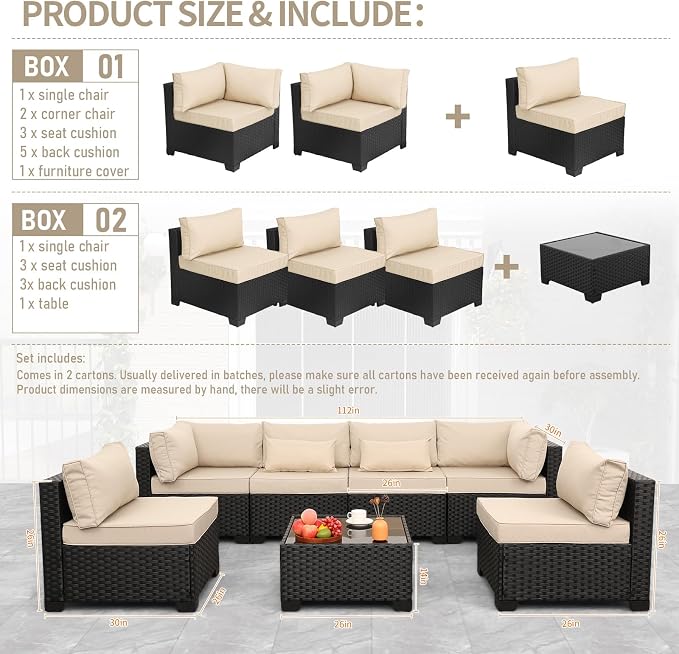 Lviden 7 Pieces Outdoor PE Wicker Furniture Set Patio Rattan Sectional Conversation Sofa Set with Khaki Cushions and Glass Top Table