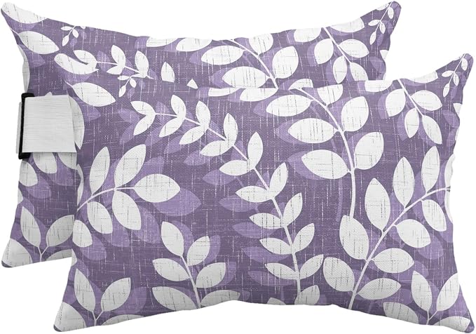 Outdoor Lumbar Pillow Set of 2, Purple Leaves Waterproof Beach Headrest Pillow with Inserts, Farmhouse Botanical Branch Vintage Modern Recliner Throw Pillows for Patio Furniture, 12 x 20