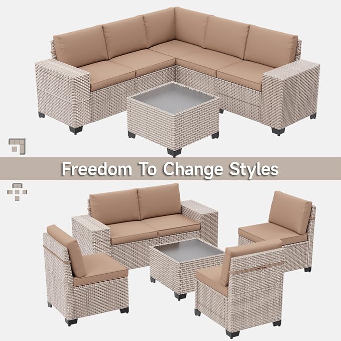 13-Piece Outdoor Patio Furniture Set with Fire Pit, Modular Sectional Sofa Set with Glass Coffee Table and Cushions, Wicker Outdoor Couch Conversation Sets, Khaki