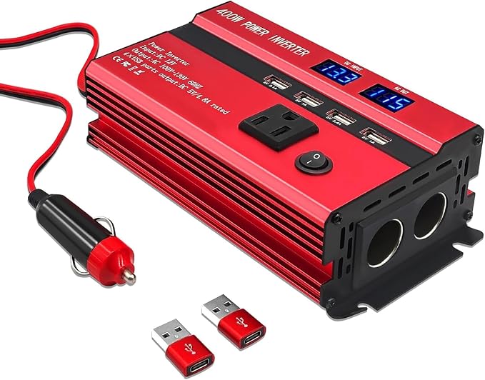 400W Power Inverters for Vehicles, Car Power Inverters DC 12V to 110V AC Car Plug Adapter Outlet with 2 Type-C (Equip with 2 USB), Fast Charger for Phone, Laptop (Red, 400W)