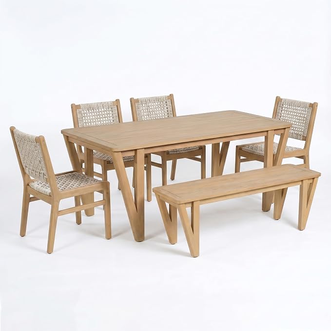 Christopher Knight Home Della Acacia Wood Dining Table Set for 6, 6 Piece Outdoor Dining Set with 70.75" Dinner Table, Bench and Armless Chairs, Patio Furniture Set for Dinner, Light Teak+Light Grey
