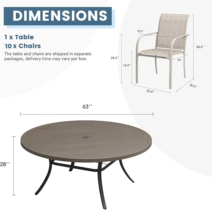DIFY Patio Dining Set for 10, 11 Piece Outdoor Table and Chairs Set, 63" Grey Wood-Like Round Metal Patio Dining Table and Sandshell Textilene Stackable Patio Chairs, for Backyard Garden Poolside