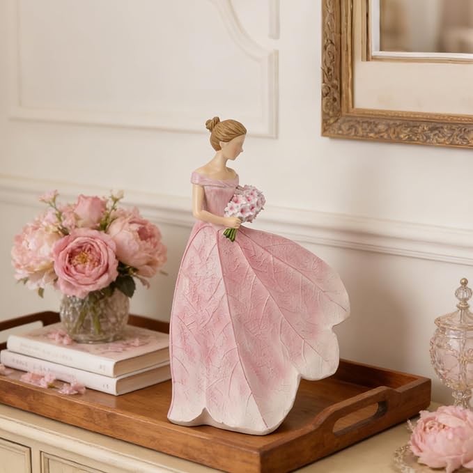 Guichifun Fairy Statue Collection Home Decoration - Pink Leaf Angel Girls Resin Home Garden Patio Living Room Decor Memorial Gift for Mom 7.5 x 4.5 x 11.5 Inch