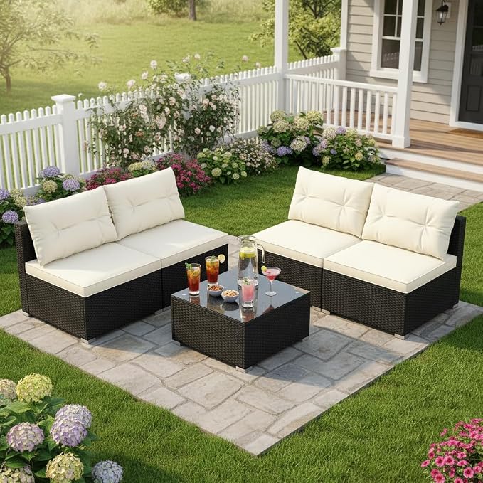 Tangkula 5 Piece Rattan Sofa Set, Patiojoy Outdoor Wicker Furniture Set with Seat & Back Cushions, Square Coffee Table, Patio Sectional Sofa Set for Backyard, Poolside, Garden