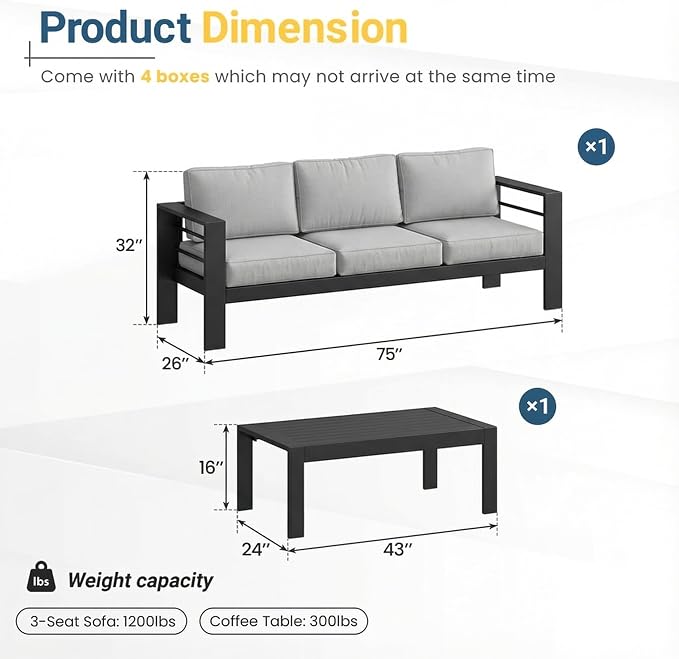 Solaste Aluminum Patio Furniture Set for All Weather, Oversized Metal Outdoor Furniture Set with 27.5" Deep Seating and Wide Armrest, Outdoor 3 Seat Sofa with 10" Back Suport Cushion，Black and Gray
