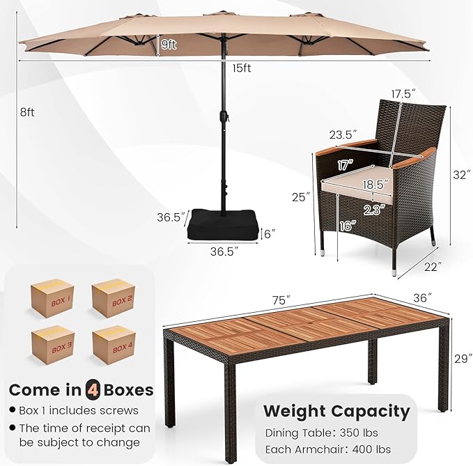 Tangkula 11 Piece Rattan Outdoor Dining Set with 15Ft Patio Umbrella for 8, Outdoor Wicker Table Set with 8 Cushioned Armchairs, Acacia Wood Top, Outdoor Umbrella with Base Included