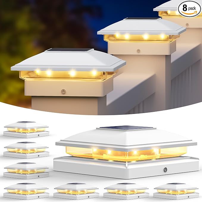 VOLISUN Solar Post Cap Light Outdoor,Solar Fence - Post Lights Waterproof for 4x4/5x5/6x6 Wooden/Vinyl Post,White Deck Cap Light Solar Powered with Warm White for Garden/Patio/Porch 8pack
