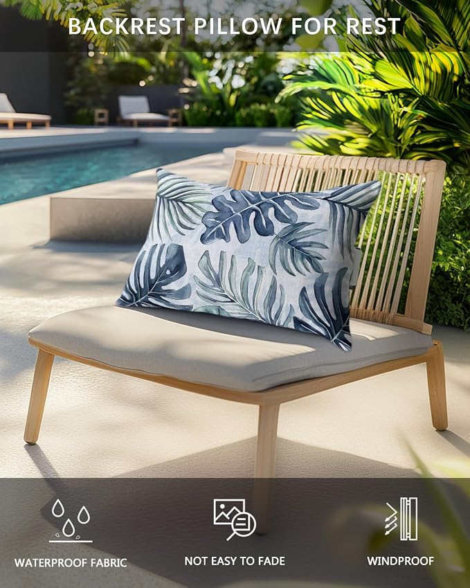 Pack of 2 Outdoor Lumbar Pillow Covers 12x20 Inch, Navy Blue Monstera Deliciosa Waterproof Throw Pillow Covers Set, Summer Botanical Tropical Decorative Cushion Cases for Patio Porch Car