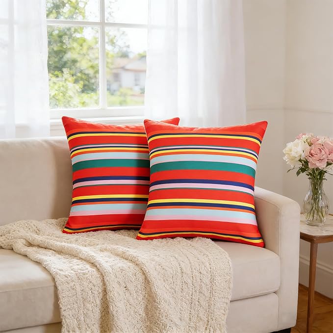 SquarePie Outdoor Pillow Covers Set of 2 Waterproof Decorative Throw Pillow Cases Patio Cushion Covers for Spring Patio Couch Balcony Bench,18x18 inch Color Stripe