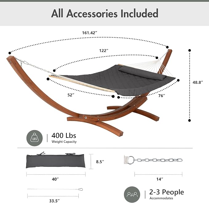 ANOW 13.5FT Curved Wood Stand with Portable Rope Hammock, Heavy Duty Larch Wood Arc Stand with 2 Chains, 4 Balance Ropes and 4 Carabiners, Includes Gray Hammock with Spreader Bars