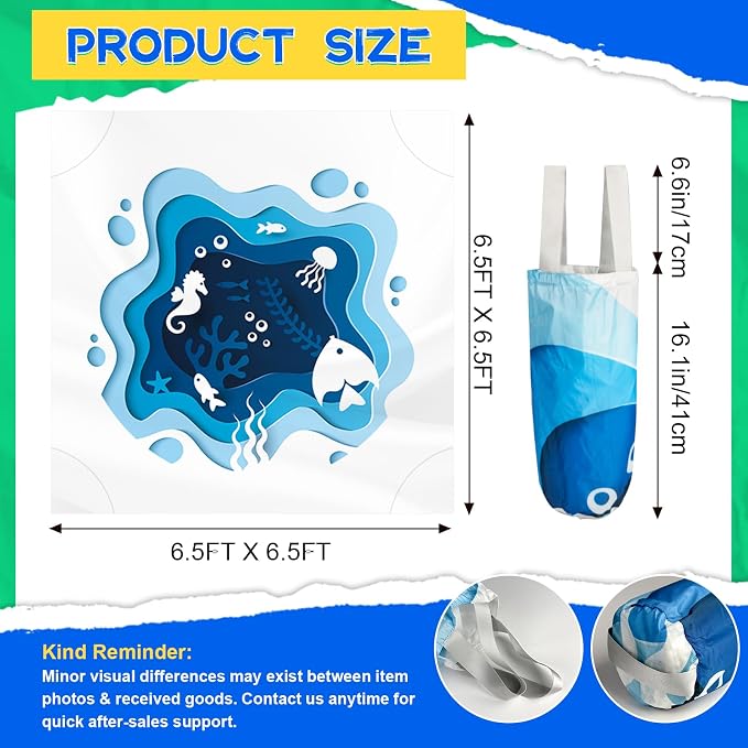 6.5 X 6.5Ft Baby Beach Pool, 2 in 1 Square Portable Cartoon Ocean Theme Toddler Beach Puddle, Waterproof Sandproof Cute Toddler Paddling Pool Beach Blanket with Carrying Bag for Boys Girls