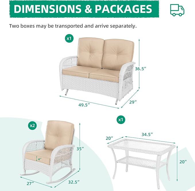 VIVIJASON 4-Piece Outdoor Patio White Wicker Conversation Sets, All Weather Outdoor Rattan Furniture Set Includes Glider Loveseat, Coffee Table, 2 Rocking Chairs with Cushions for Backyard, Beige