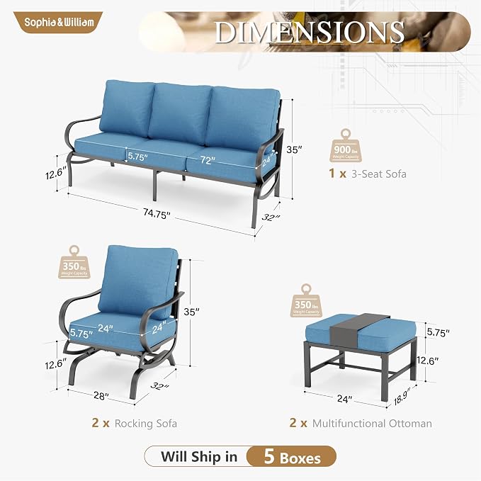 Sophia & William Patio Furniture Sets 5 Seats Outdoor Metal Conversation Sets 5 Pcs with 2 x Cushioned Swivel Sofa Chairs,1 x 3-Seat Sofa,2 x Ottomans for Coffee Lawn Backyard Poolside Navy