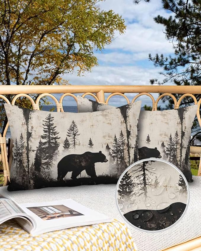 Outdoor Waterproof Throw Pillows Forest Brown Bear Silhouette Patio Pillows Pack of 2,Decorative Pillow Covers with Insert,Pillow Cushion Case for Garden Couch Sofa Minimalist Modern Art