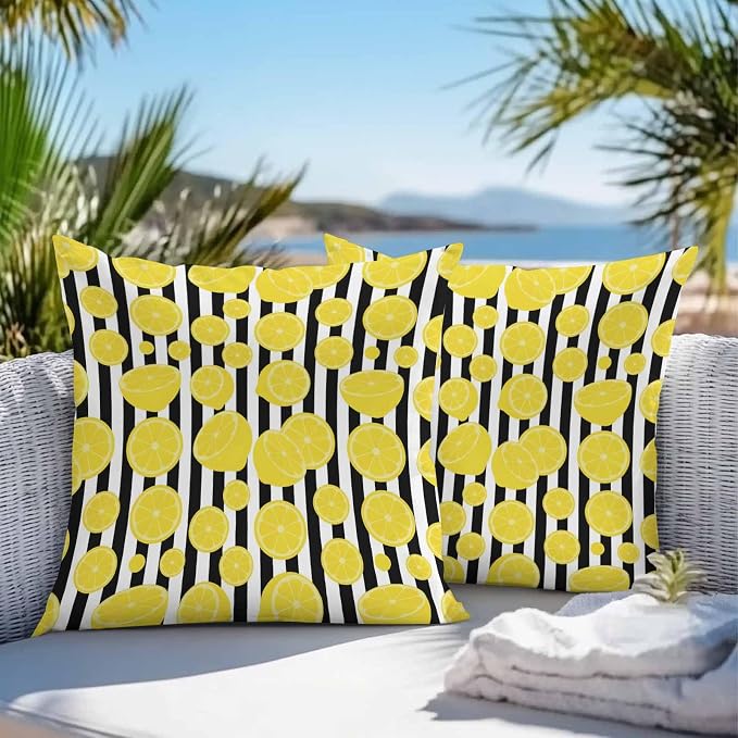 Vandarllin Outdoor Throw Pillows Covers 18x18 inch Set of 2 Waterproof Yellow Lemon Decorative Zippered Cushion Covers for Patio Furniture, Summer Fruit Black Stripes Lumbar Pillowcases