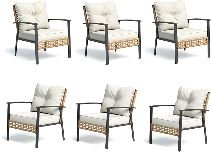 LAUSAINT HOME Outdoor Rattan Bistro Set, Patio Furniture Wicker Chairs Set of 6 with Deep Seating and Thick Cushions, Oversize Conversation Set for Garden, Balcony and Backyard (Beige)
