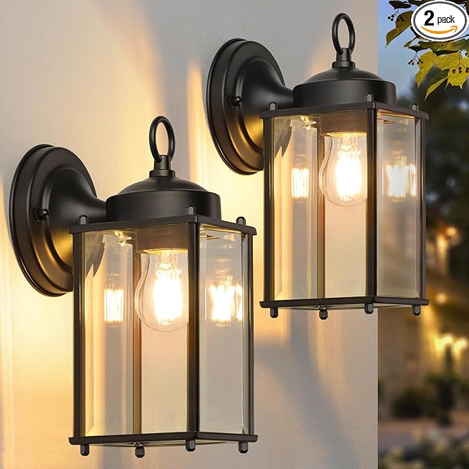 MATAMEYE Outdoor Wall Lantern, Exterior Waterproof Wall Sconce Light Fixtures, Black Front Door Lighting, Anti-Rust E26 Socket Porch Lamp, 2 Pack
