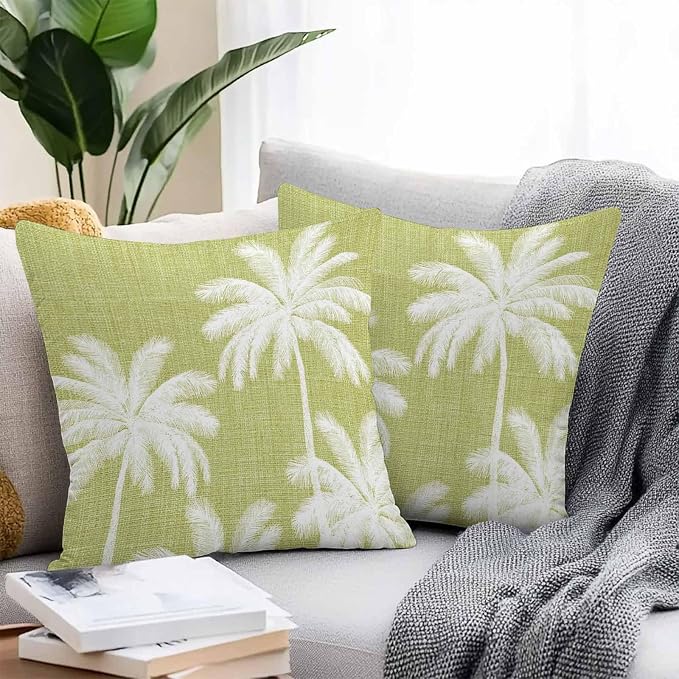 Outdoor Pillow Covers 24x24 Inch Set of 2, Yellow Palm Trees Waterproof Throw Pillow Covers, Farmhouse Tropical Summer Beach Decorative Cushion Pillowcases for Couch, Sofa, Bed, Garden, Patio