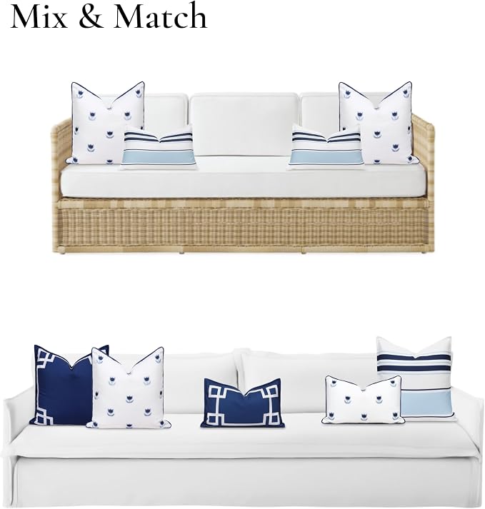 Hofdeco Premium Coastal Patio Indoor Outdoor Throw Pillow Cover Only, 20"x20" Water Repellent for Backyard, Couch, Navy Blue Embroidered Tulips Floral with Piping (Pack of 2)