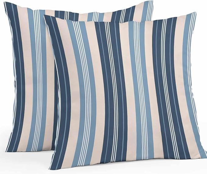 Blue Beige Striped Waterproof Outdoor Pillow Covers Set of 2 Home Decor, Modern Stripes Art Farmhouse Pillowcase Patio Pillow Covers for Couch Bench Furniture Garden 20x20in