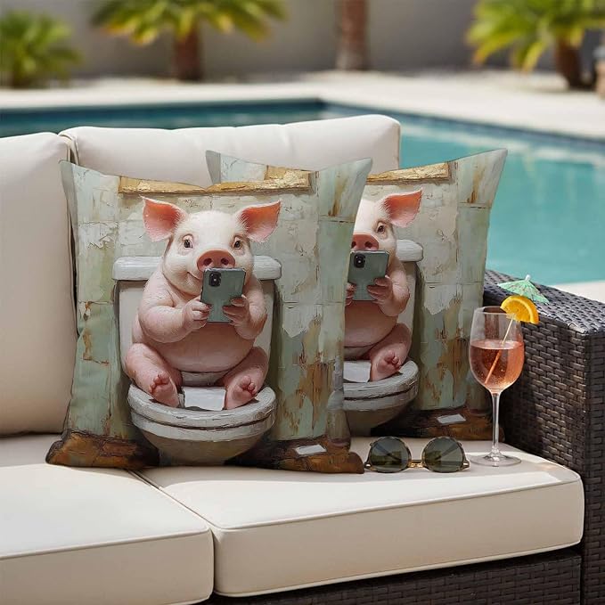 Waterproof Pillow Covers Set of 2 18x18 Inch Vintage Funny Outdoor Cushion Covers Piggy Cell Phone Toilet Decorative Pillow Cases for Patio, Sofa, Couch, Garden, Balcony