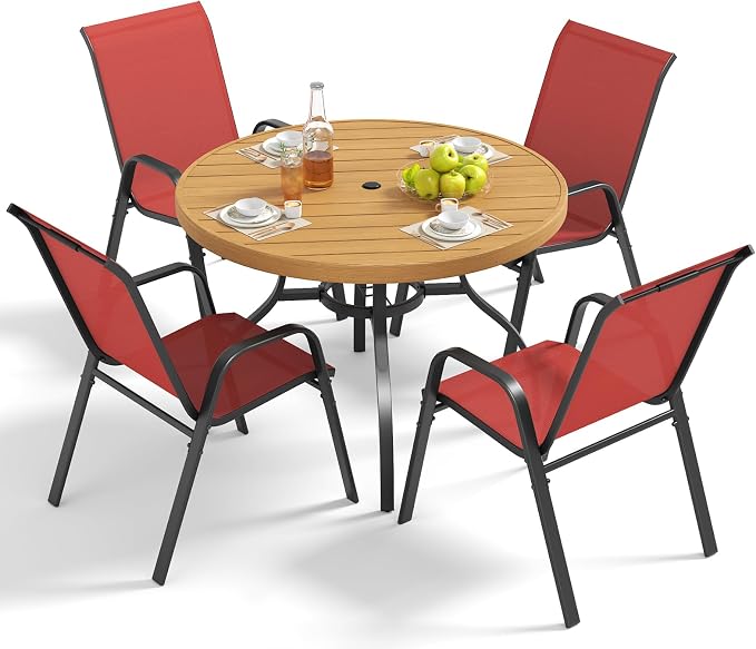 Outdoor Patio Dining Set for 4, 5 Pieces Patio Table and Chairs Set with Umbrella Hole, 41"x 41" Round Metal Wood-Grain Dining Table Set with 4 Stackable Patio Chairs for Deck , Backyard, Porch