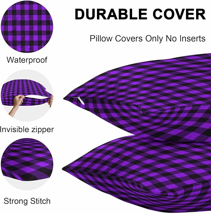 Outdoor Waterproof Throw Pillow Covers Set of 2 Purple Buffalo Plaid Pillowcases 24x24 Inches Pastoral Black Checked Decorative Pillows Cushion Case Patio Pillows for Couch Bed Chair Garden