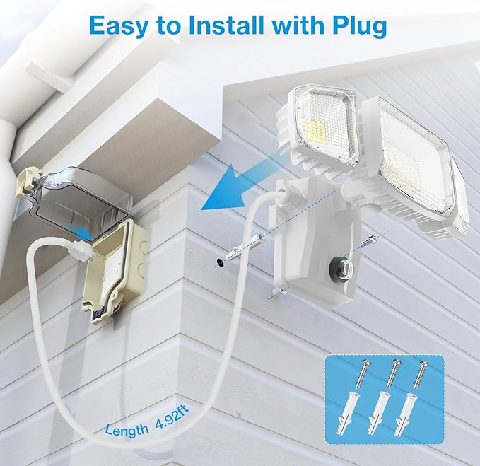 Olafus 80W Plug in Flood Lights Dusk to Dawn Outdoor Lighting, 8000LM Exterior LED Security Light with Remote, IP65 Waterproof, 6500K 3 Adjustable Heads Photocell Light for Yard, Garage, White