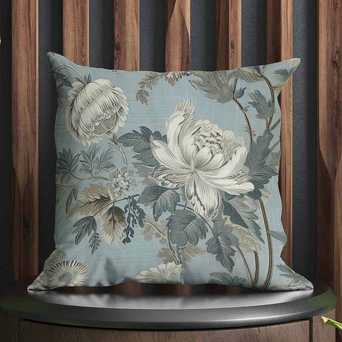 Spa On Flax Blue Chinoiserie Pillow Cover Grey Peony Asian Throw Pillow Cover Rustic Throw Pillow Covers Farmhouse Decorative for Sofa Bed Chair Car 22x22 in