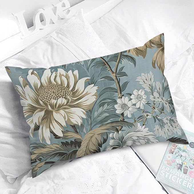 Spa On Flax Blue Chinoiserie Rectangular Cushion Cover Grey Peony Asian Pillowcase 12x18in Abstract Accent Farmhouse Decor Pillow for for Living Room Bed Farmhouse Patio