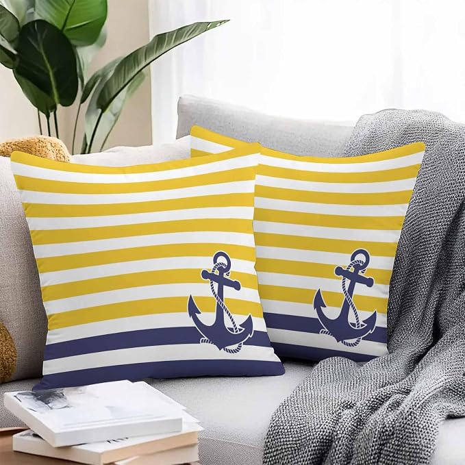 Throw Pillow Covers 16x16 Inch Set of 2, Yellow Striped Waterproof Outdoor Cushion Covers, Navy Blue Nautical Anchor Geometric Decorative Pillowcases for Couch, Sofa, Bed, Garden, Patio