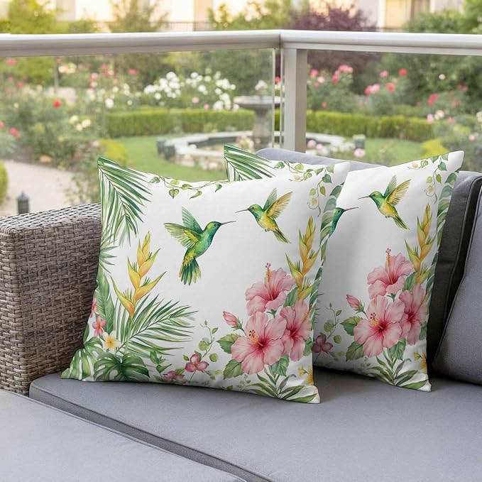 Yukro Hummingbirds Hibiscus Outdoor Waterproof Pillow Covers Pack of 2, Birds Botanical Tropical Plant Throw Pillowcases Decorative Cushion Covers for Garden Patio Tent Sofa Couch, 16x16 inch