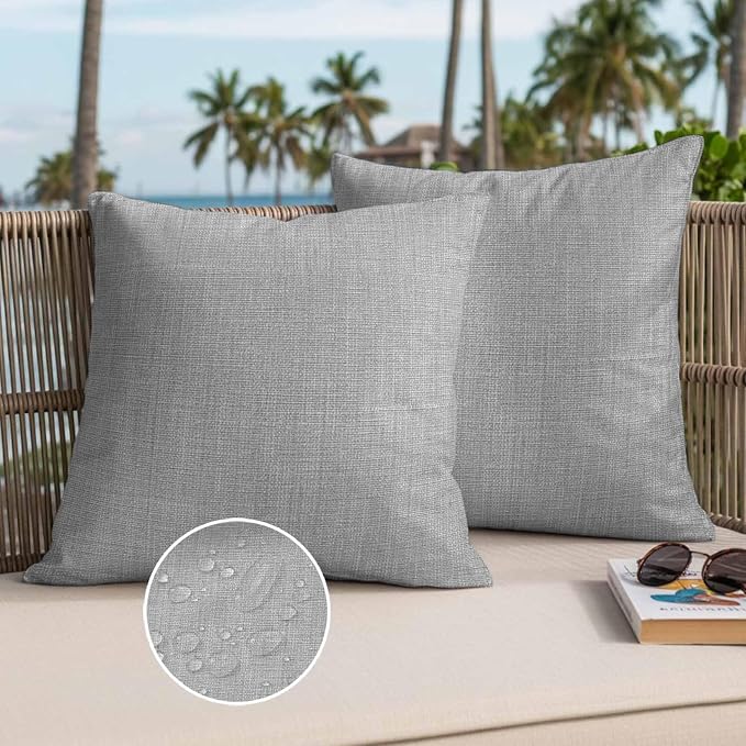 Pack of 2 Waterproof Outdoor Pillow Covers 20x20 Inch Decorative Pillow Covers Grey Burlap Texture Throw Pillowcases Farmhouse Vintage Gray Outdoor Cushion Cover for Couch, Patio, Tent