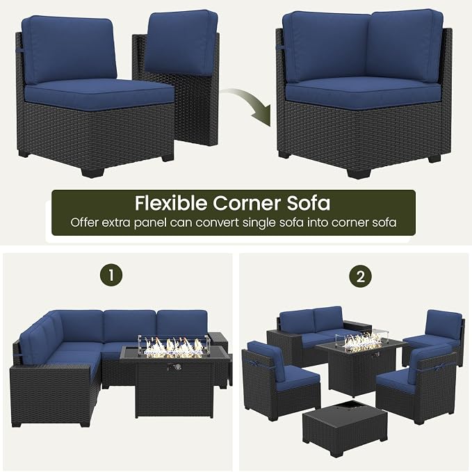 LayinSun 13 Pieces Outdoor Patio Furniture Set with 44" Fire Pit Table Rattan Sectional Sofa Conversation Sets